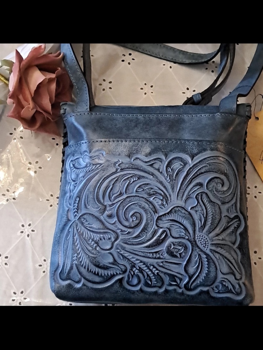 Patricia Nash Blue LatherFloral Embossed Crossbody Bag Adjustable Strap NWT